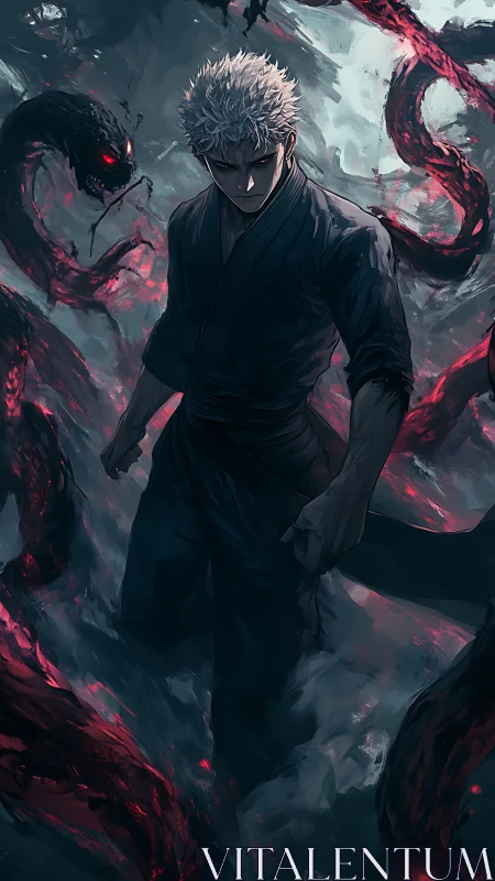 Silver‑haired warrior amid writhing crimson shadow serpents.