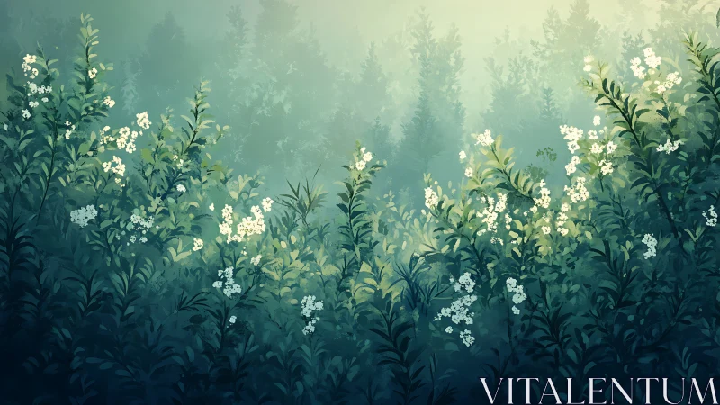 Ethereal Forest Clearing with Luminous White Flowers Among Misty Pines