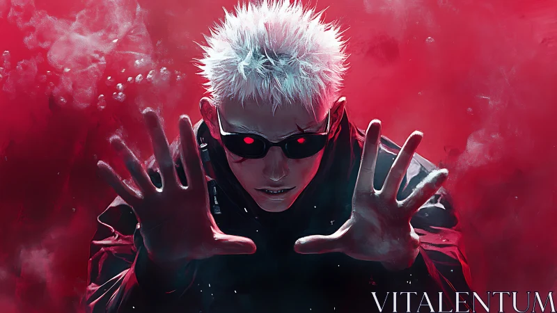 White-haired figure with red background and raised hands.