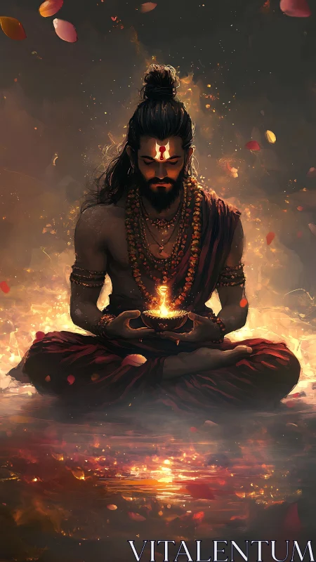 Seated male figure holds illuminated vessel over reflective water