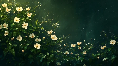 Cream Flowers Float Through Emerald Water Garden