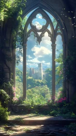 Gothic arch ruins framing sunlit castle in lush valley.