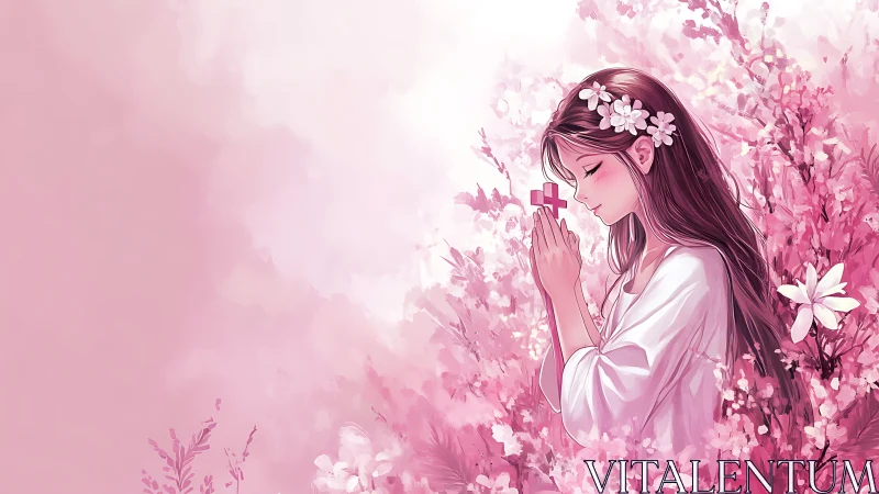 Girl in pink blossoms prays softly with floral serenity.