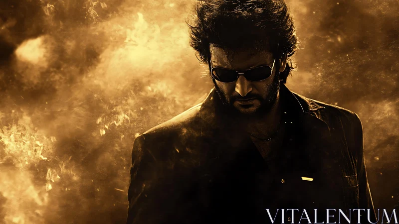 Moody sunglasses hero emerging through glowing smoke.