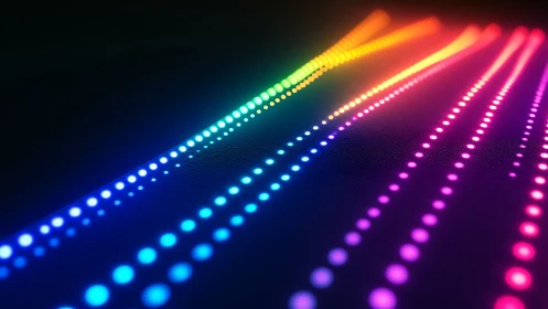 Diagonal rows of multicolored glowing dots on dark surface.