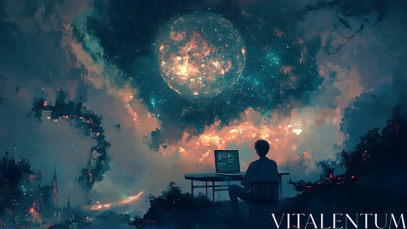 Stellar-scale coder visualizing a luminous data-sphere horizon.