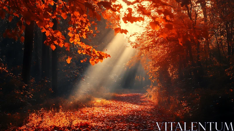 Sunlit forest pathway with dense autumn foliage canopy.