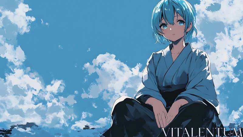 Blue-haired youth in kimono under expansive clouded sky.