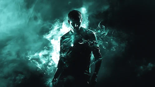 Silhouetted male figure in teal smoke with dramatic rim light