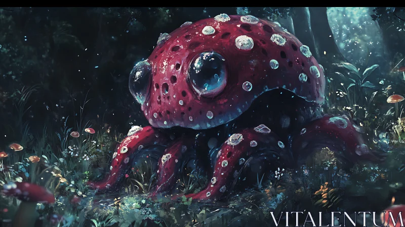 Giant mushroom-octopus creature in glowing forest clearing.