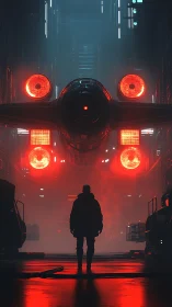 Lone figure facing red-lit starship in industrial hangar.