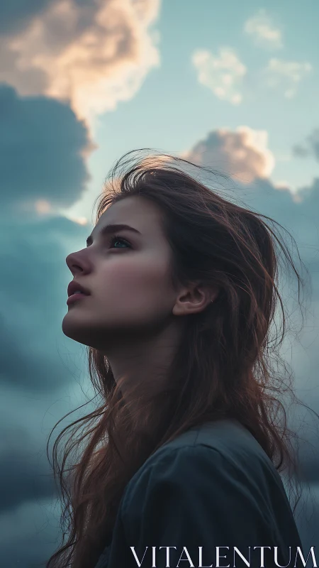 Side-profile portrait captures contemplative gaze against storm sky