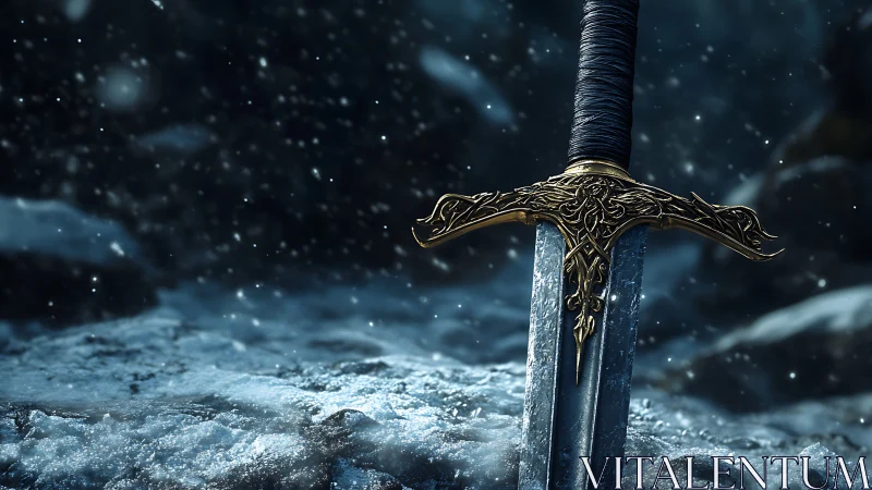 Photorealistic ornate sword embedded in frozen battlefield scene.