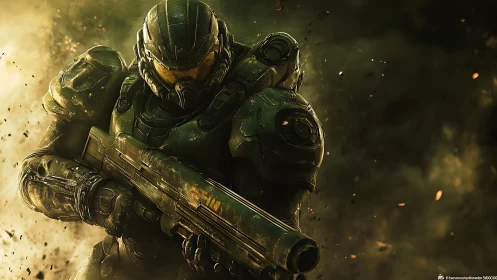 Armored sci fi soldier holds shotgun amid particulate debris