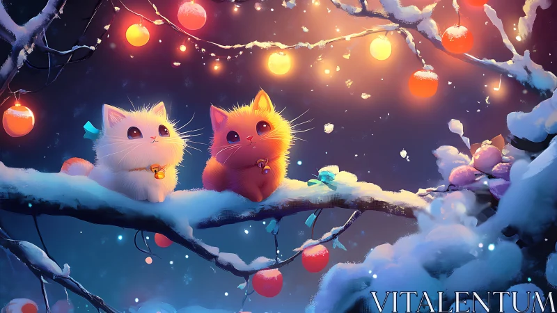 Two Enchanted Cats Share Luminous Winter Dreams Under Glowing Orbs.