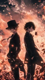 Dual protagonists in formalwear framed by incandescent falling embers