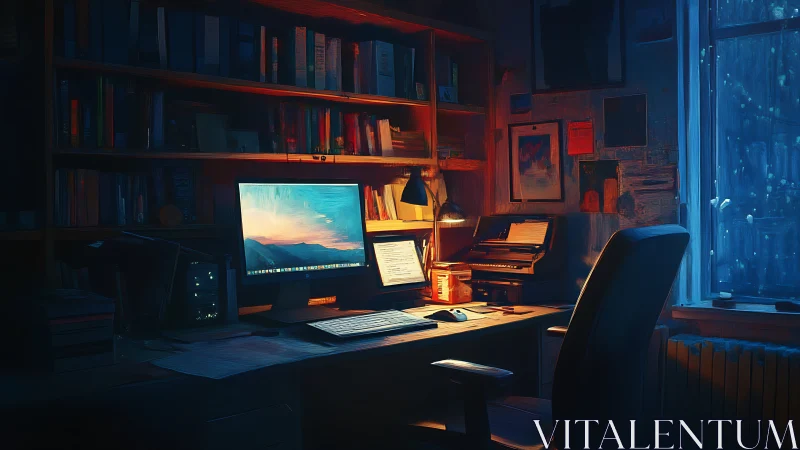 Moody home office with glowing monitor and bookshelf backdrop.