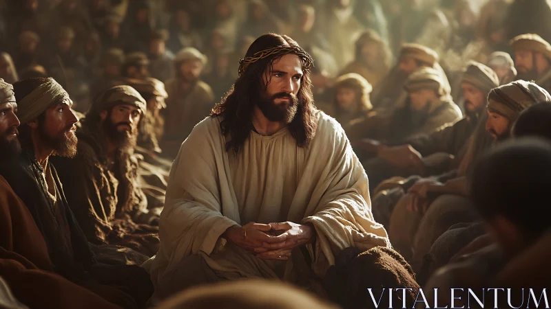 Central robed figure seated among men in desert garments