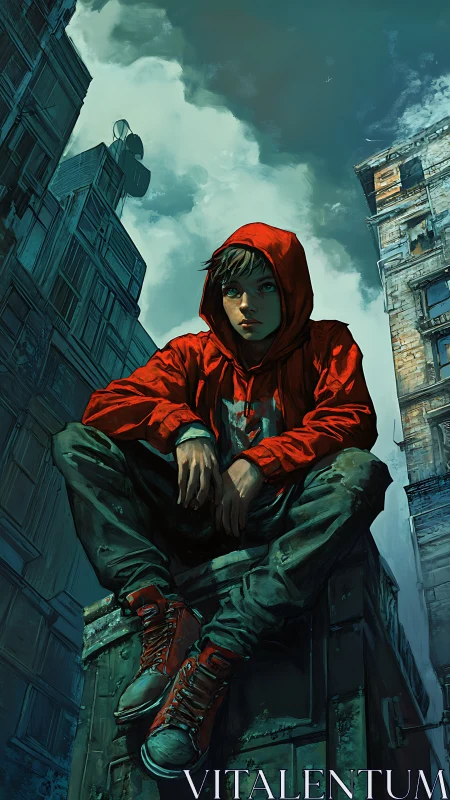 Red hooded teen on rooftop ledge in worn urban alley.
