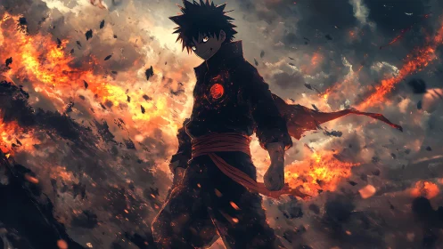 Storm-eyed fire warrior stalking through a shattered sky.