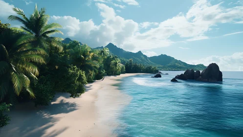 Tropical Island Coastline with Mountain Backdrop and Crystalline Water Rendering
