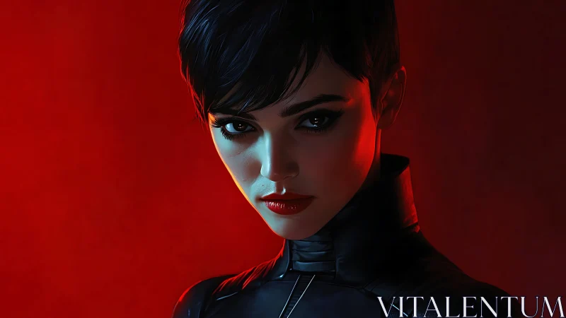 Dark-haired woman stares forward under stark red light