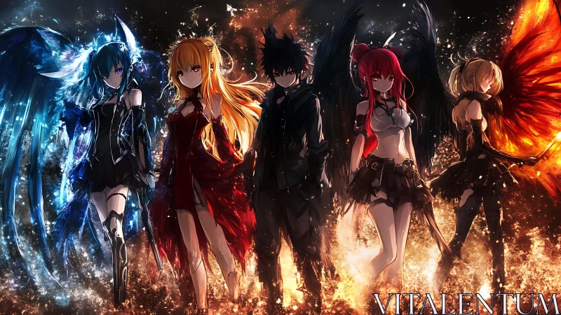 Elemental winged squad in high-contrast anime composition.