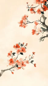 Coral Blossoms on Weathered Branches: Traditional Chinese Ink Composition.
