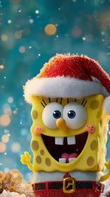 Cheerful sponge character celebrates a bright snowy Christmas