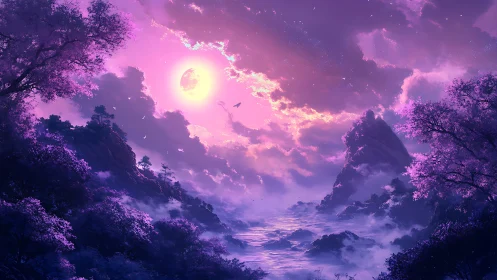 Moon drenched valley hums beneath violet tidal clouds