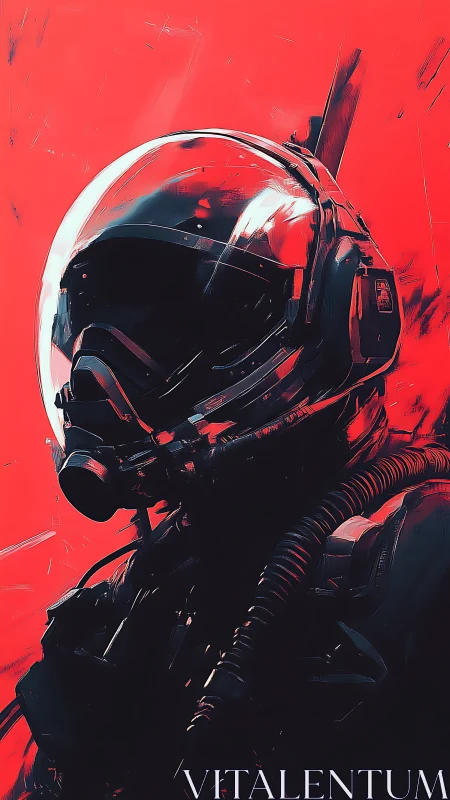 Fearless pilot in bold red light and futuristic armor.