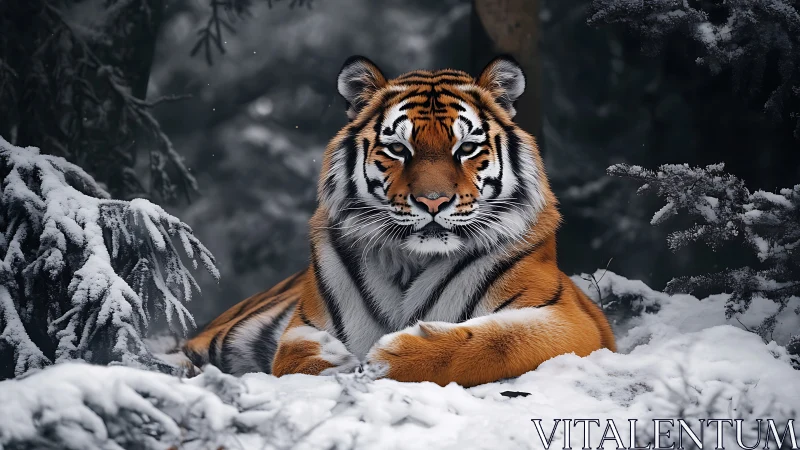 Regal tiger rests in a silent snow-covered forest sanctuary