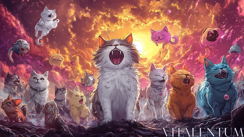 Apocalyptic Feline Assembly: Digital Art Depicting Cats in Cosmic Fire.
