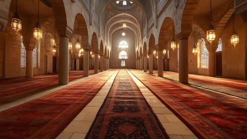 Sunlit prayer hall drifting in carpets and lantern glow.