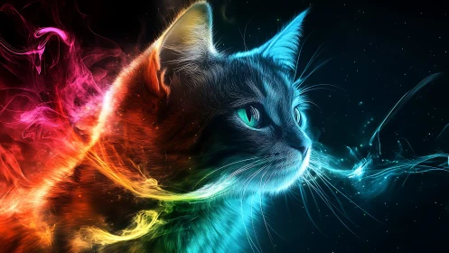 Neon-Illuminated Feline with Bilateral Chroma-Divergent Light Synthesis.