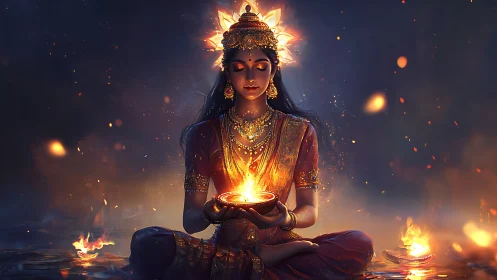 Divine fire meditation goddess in glowing ceremonial attire.