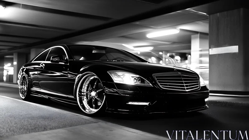 Sleek luxury sedan glides through a modern parking garage