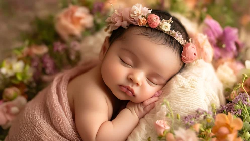 Peaceful Newborn Baby Dreams Surrounded by Soft Garden Flowers