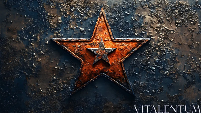 Industrial 3D metal star emblem with corroded relief texture.