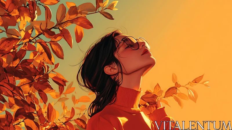 Chromatic side-lit portrait amid saturated autumn foliage.