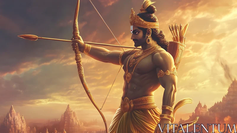 Archer warrior draws bow against a glowing temple city