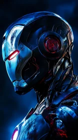 Futuristic armored cyborg profile in blue light.