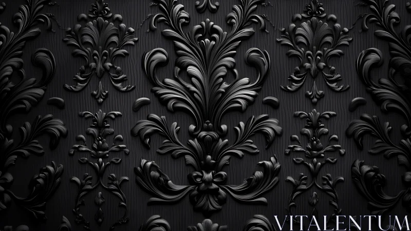 Black baroque damask pattern forms sculpted ornamental relief