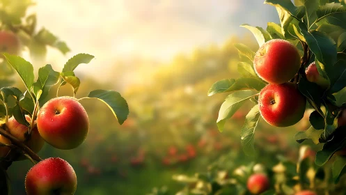 Backlit orchard apples with shallow depth-of-field rendering.