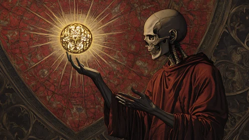 Skeletal monk contemplates a radiant arcane sun of power