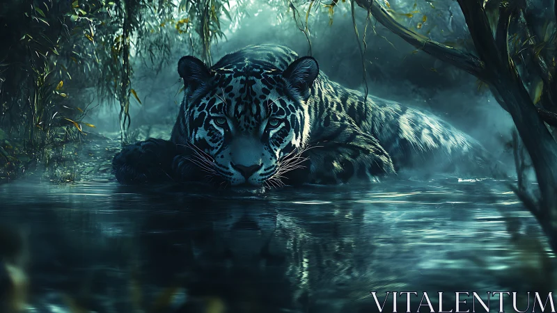 Watchful jungle leopard resting low in a misty moonlit pool.