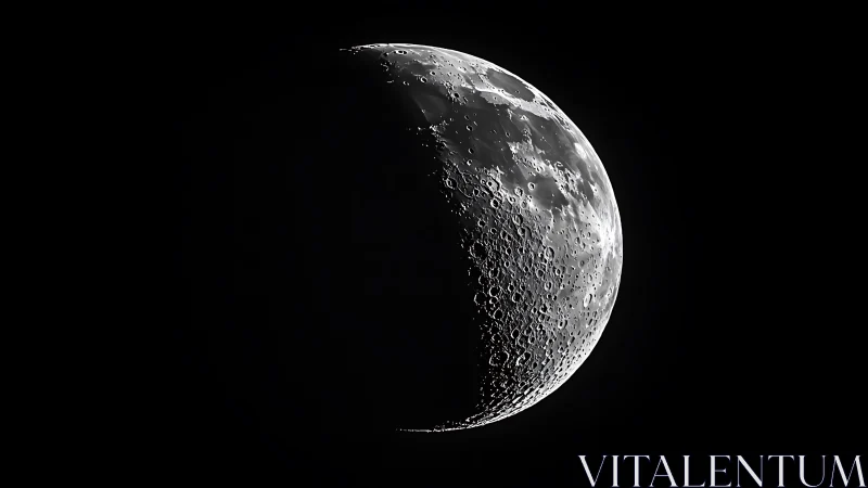 Crescent moon close-up with sharp crater shadows in space.