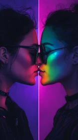 Neon mirror lovers trading color across a glowing divide.