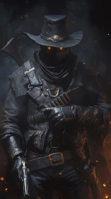 Smoldering gunslinger wreathed in ash, eyes burning gold.