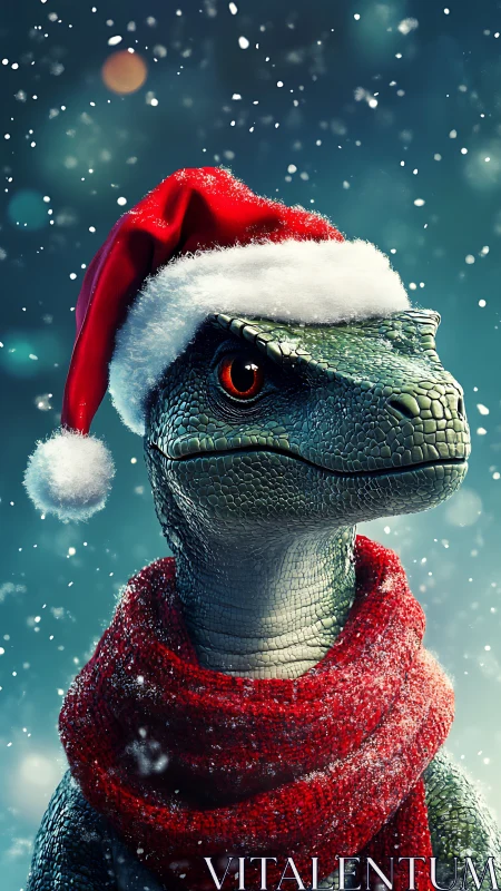 Festive velociraptor portrait in vivid winter snowfall.